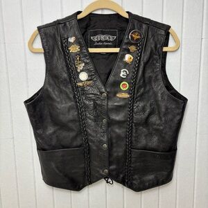 Unik Vintage Motorcycle Black Leather Vest with Unique Pins Size L